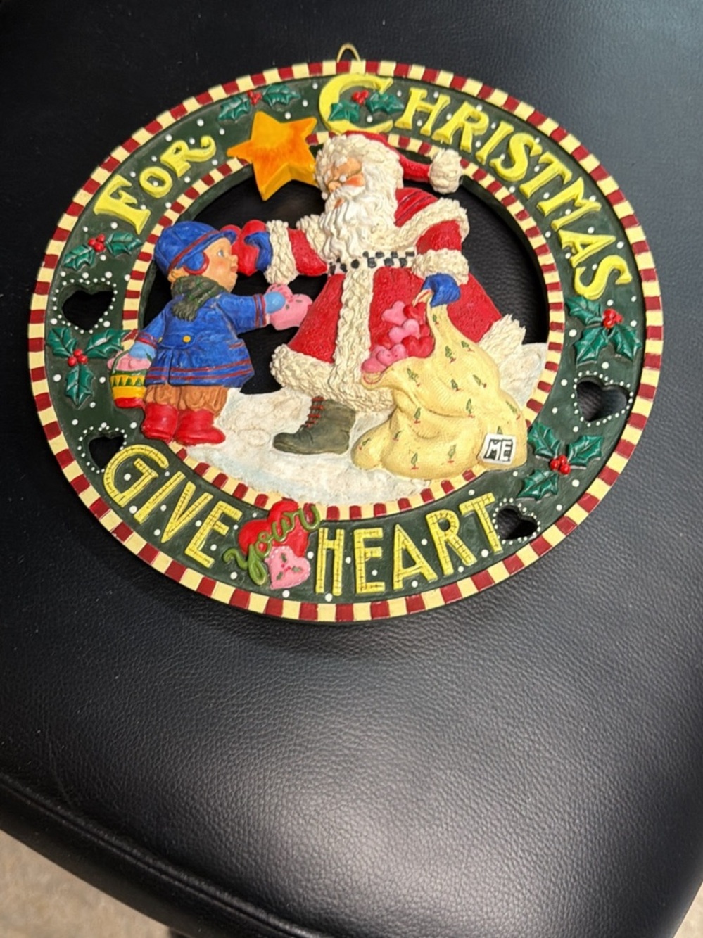For Christmas Give Heart Santa Wall Plaque - Yellow, Red & Green